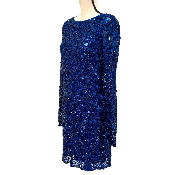 AIDAN MATTOX ROYAL BLUE BATEAU NECK LONG SLEEVE SEQUINED COCKTAIL DRESS - Picture 3 of 15